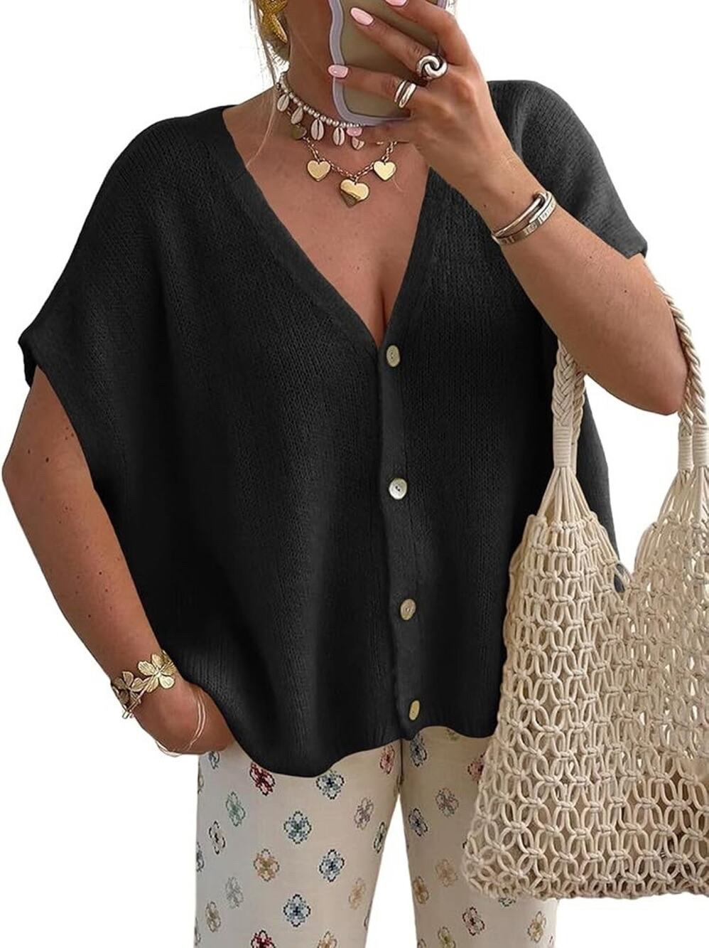Women's Knit Cardigan Top M Saodimallsu Black Lagenlook Relaxed Fit Minimalist